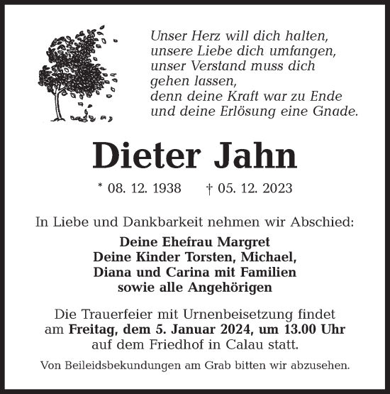 Traueranzeige von Dieter Jahn von Lausitzer Rundschau