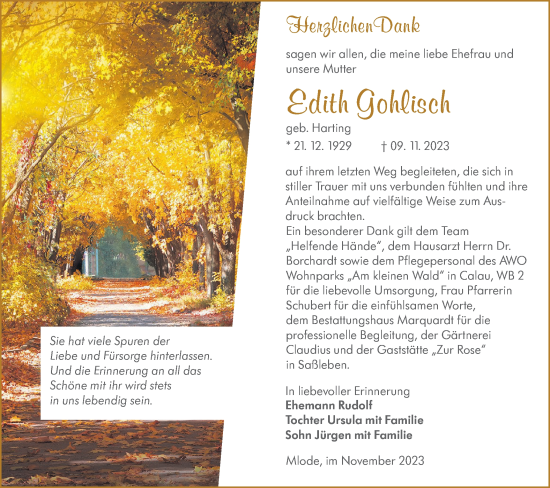 Traueranzeige von Edith Gohlisch von Lausitzer Rundschau