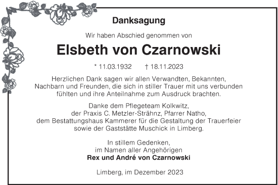 Traueranzeige von Elsbeth von Czarnowski von Lausitzer Rundschau