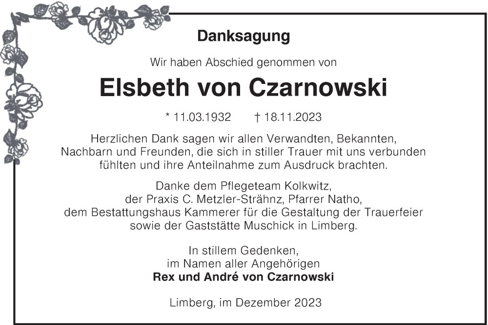  Traueranzeige für Elsbeth von Czarnowski vom 16.12.2023 aus Lausitzer Rundschau
