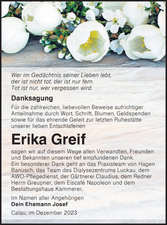 Traueranzeige von Erika Greif von Lausitzer Rundschau