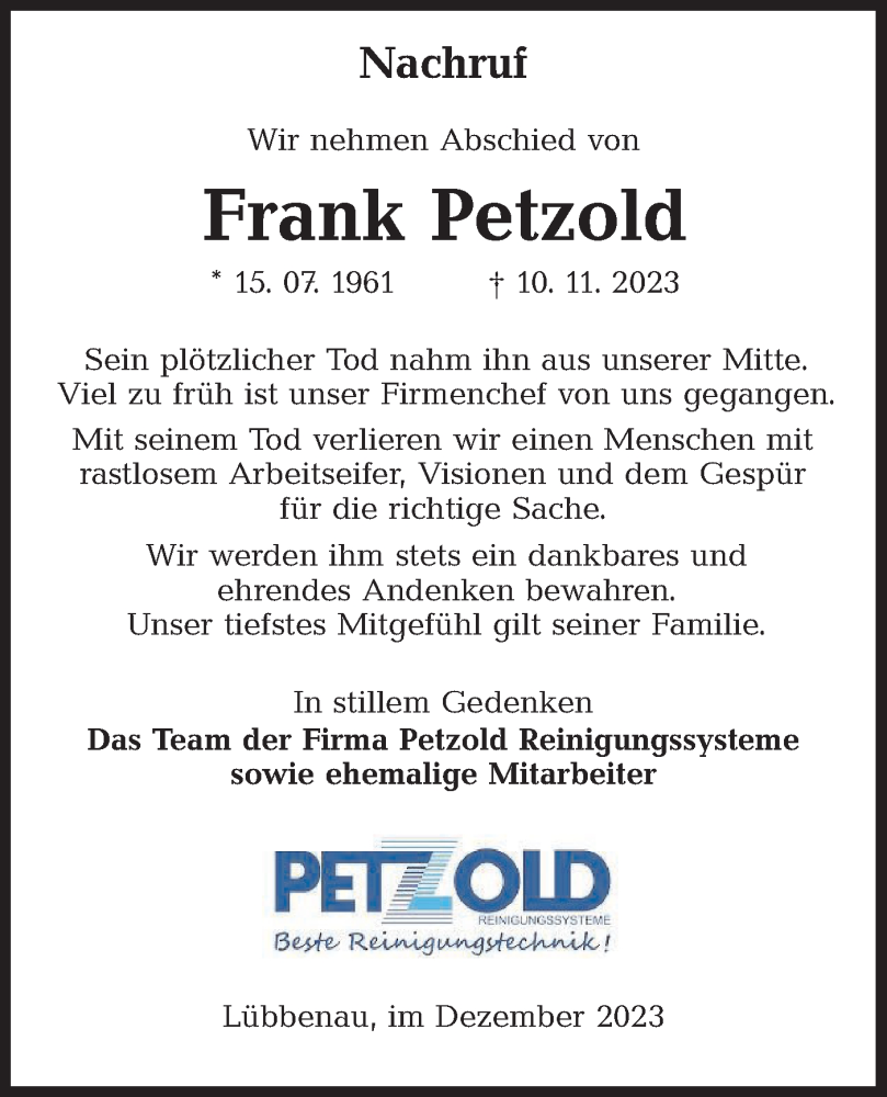  Traueranzeige für Frank Petzold vom 23.12.2023 aus Lausitzer Rundschau