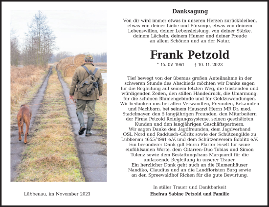 Traueranzeige von Frank Petzold von Lausitzer Rundschau
