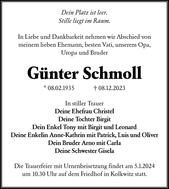 Traueranzeige von Günter Schmoll von Lausitzer Rundschau