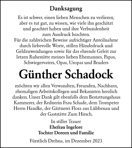 Traueranzeige von Günther Schadock von Lausitzer Rundschau