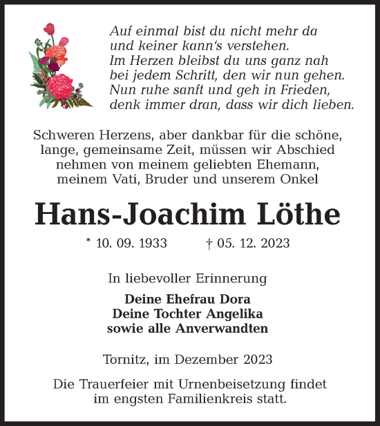 Traueranzeige von Hans-Joachim Löthe von Lausitzer Rundschau