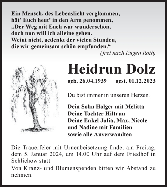 Traueranzeige von Heidrun Dolz von Lausitzer Rundschau