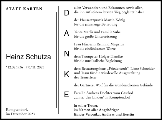Traueranzeige von Heinz Schutza von Lausitzer Rundschau