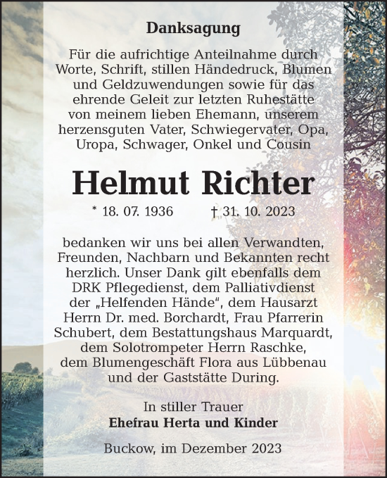 Traueranzeige von Helmut Richter von Lausitzer Rundschau