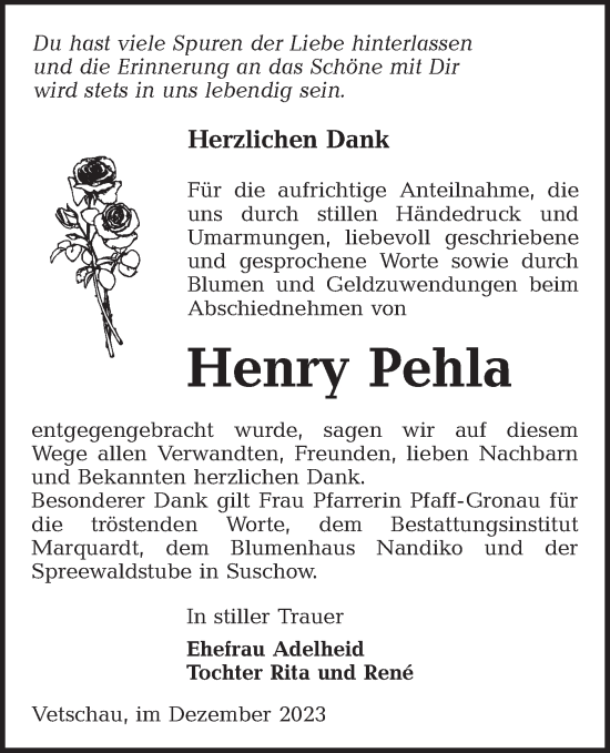 Traueranzeige von Henry Pehla von Lausitzer Rundschau