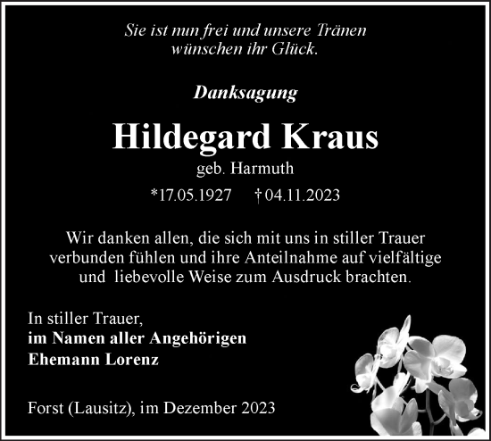 Traueranzeige von Hildegard Kraus von Lausitzer Rundschau