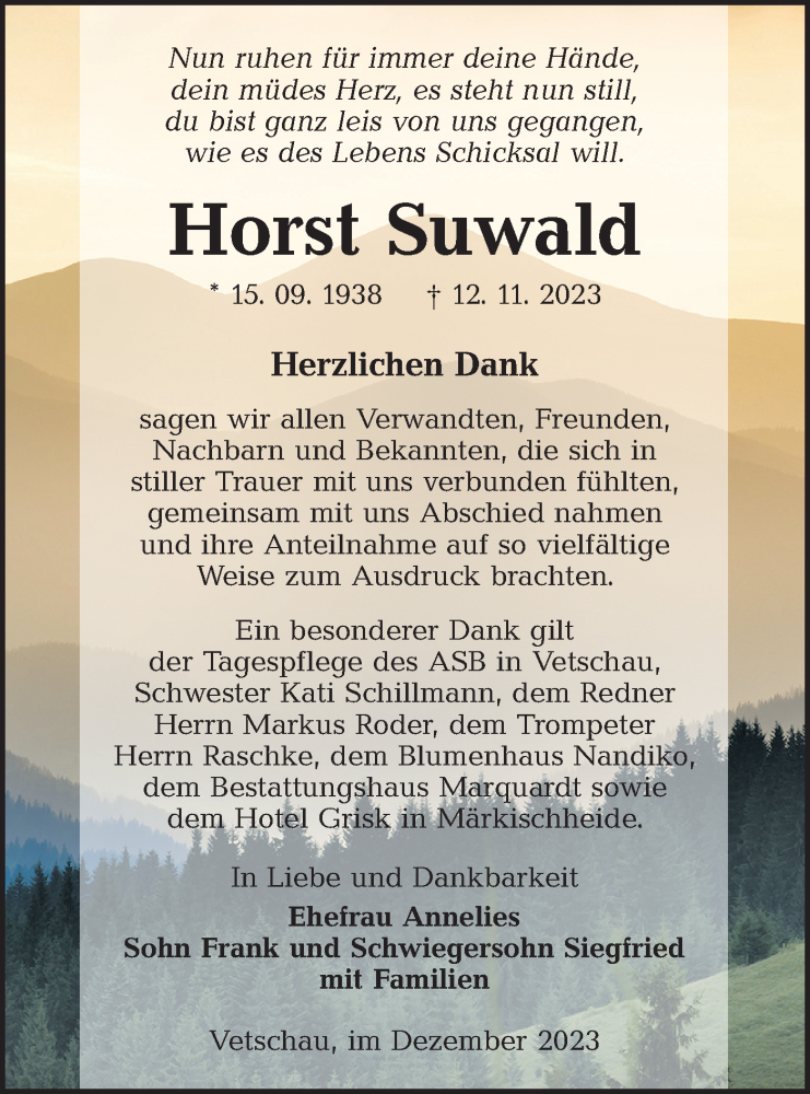  Traueranzeige für Horst Suwald vom 16.12.2023 aus Lausitzer Rundschau
