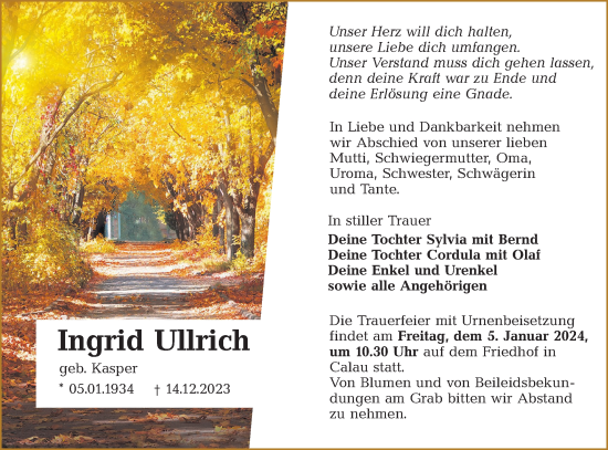 Traueranzeige von Ingrid Ullrich von Lausitzer Rundschau