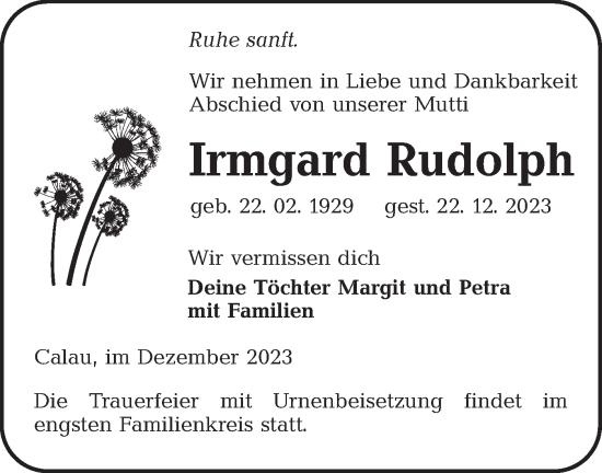 Traueranzeige von Irmgard Rudolph von Lausitzer Rundschau