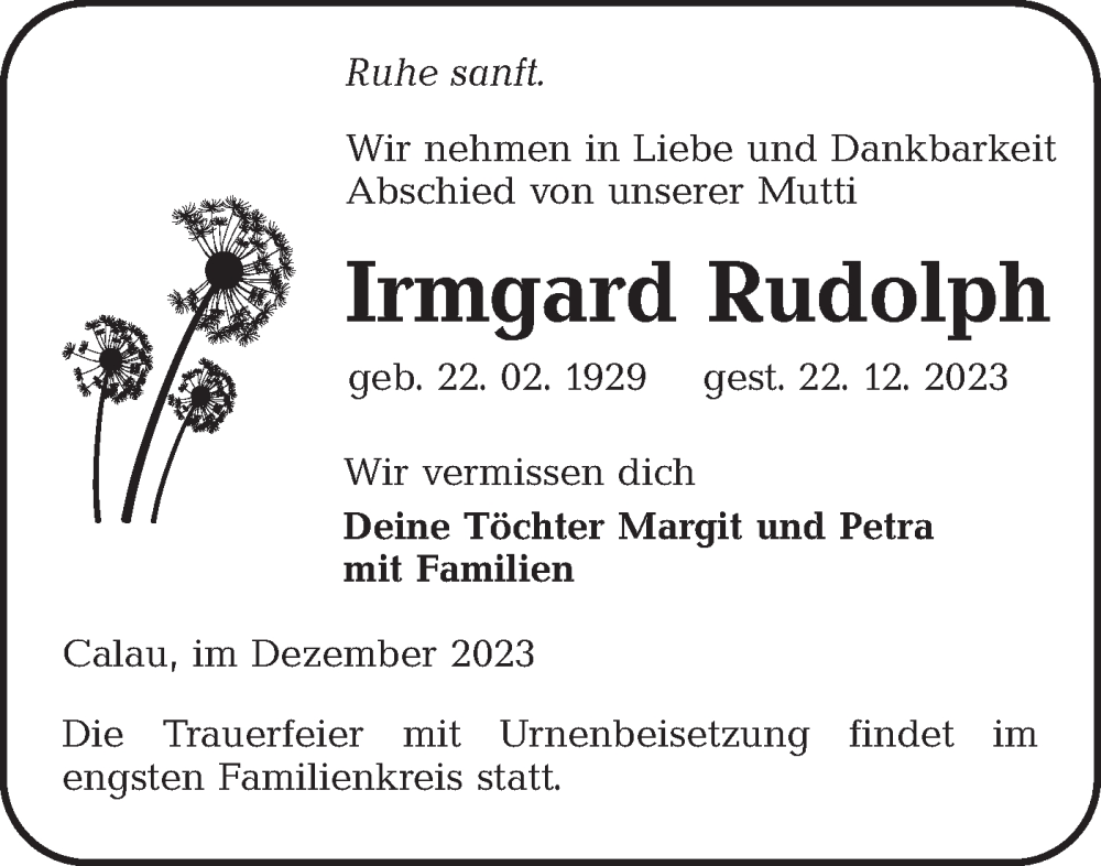  Traueranzeige für Irmgard Rudolph vom 30.12.2023 aus Lausitzer Rundschau