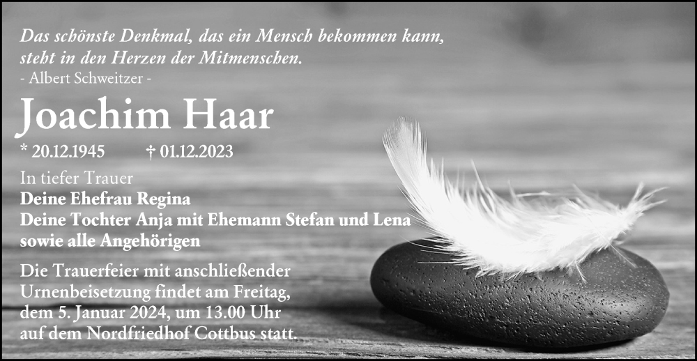  Traueranzeige für Joachim Haar vom 09.12.2023 aus Lausitzer Rundschau