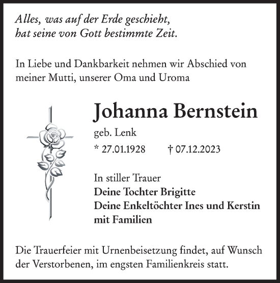Traueranzeige von Johanna Bernstein von Lausitzer Rundschau
