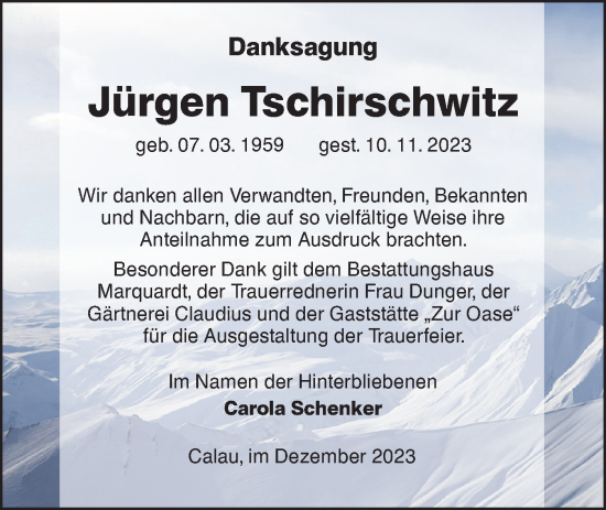 Traueranzeige von Jürgen Tschirschwitz von Lausitzer Rundschau