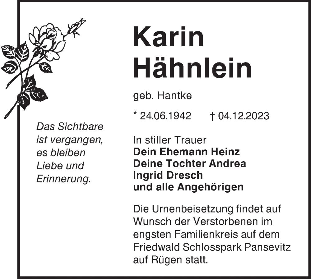  Traueranzeige für Karin Hähnlein vom 16.12.2023 aus Lausitzer Rundschau