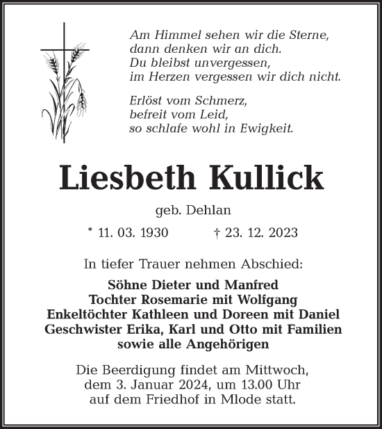 Traueranzeige von Liesbeth Kullick von Lausitzer Rundschau