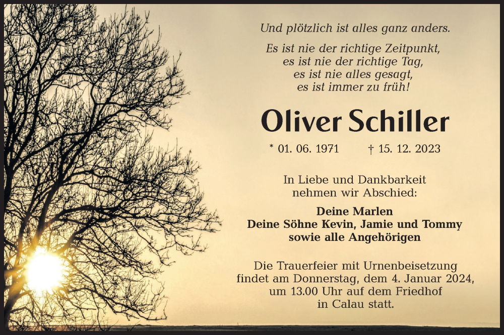  Traueranzeige für Oliver Schiller vom 23.12.2023 aus Lausitzer Rundschau