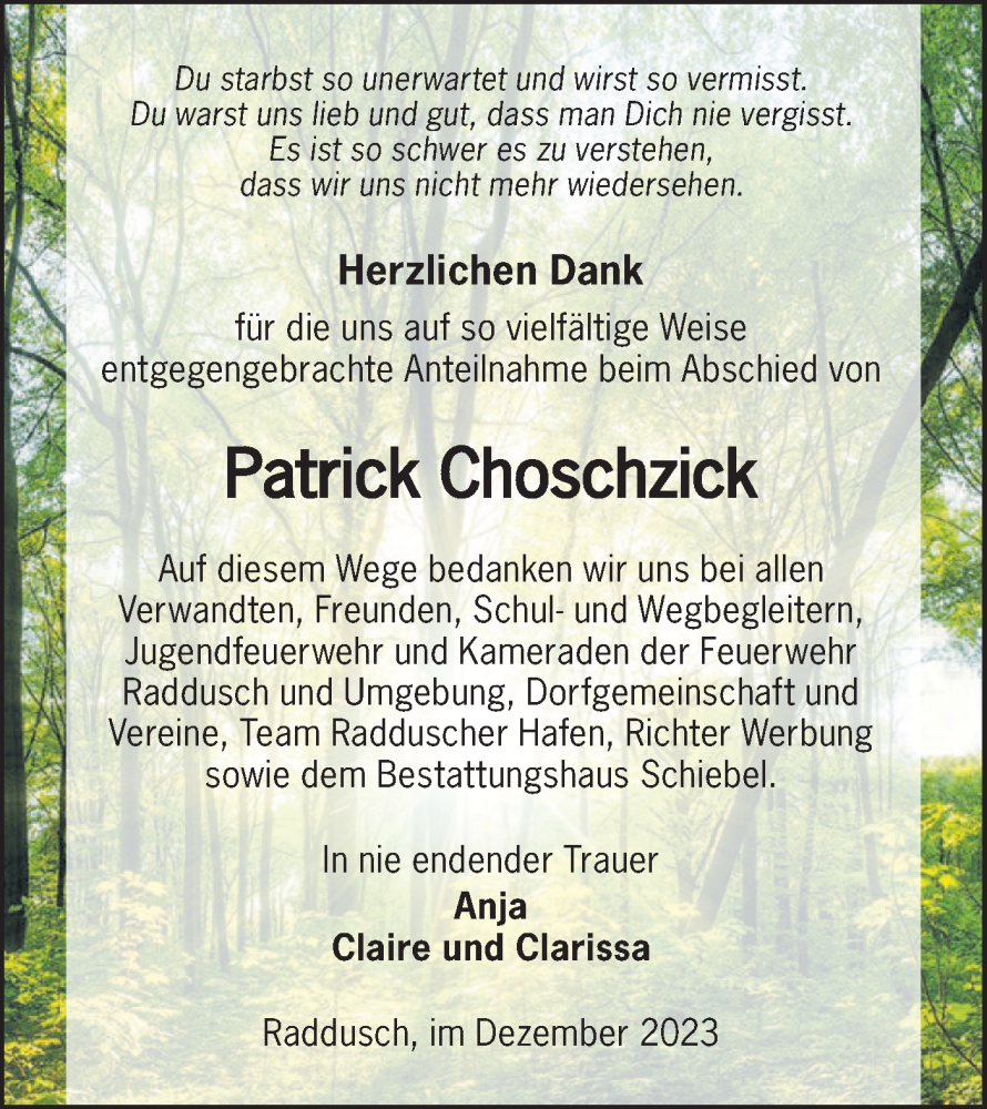  Traueranzeige für Patrick Choschzick vom 23.12.2023 aus Lausitzer Rundschau
