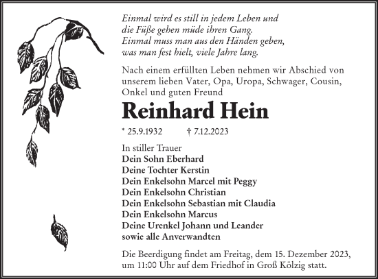 Traueranzeige von Reinhard Hein von Lausitzer Rundschau
