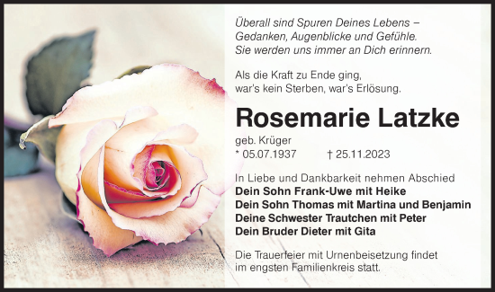 Traueranzeige von Rosemarie Latzke von Lausitzer Rundschau