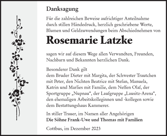 Traueranzeige von Rosemarie Latzke von Lausitzer Rundschau