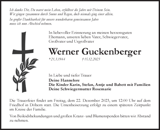 Traueranzeige von Werner Guckenberger von Lausitzer Rundschau