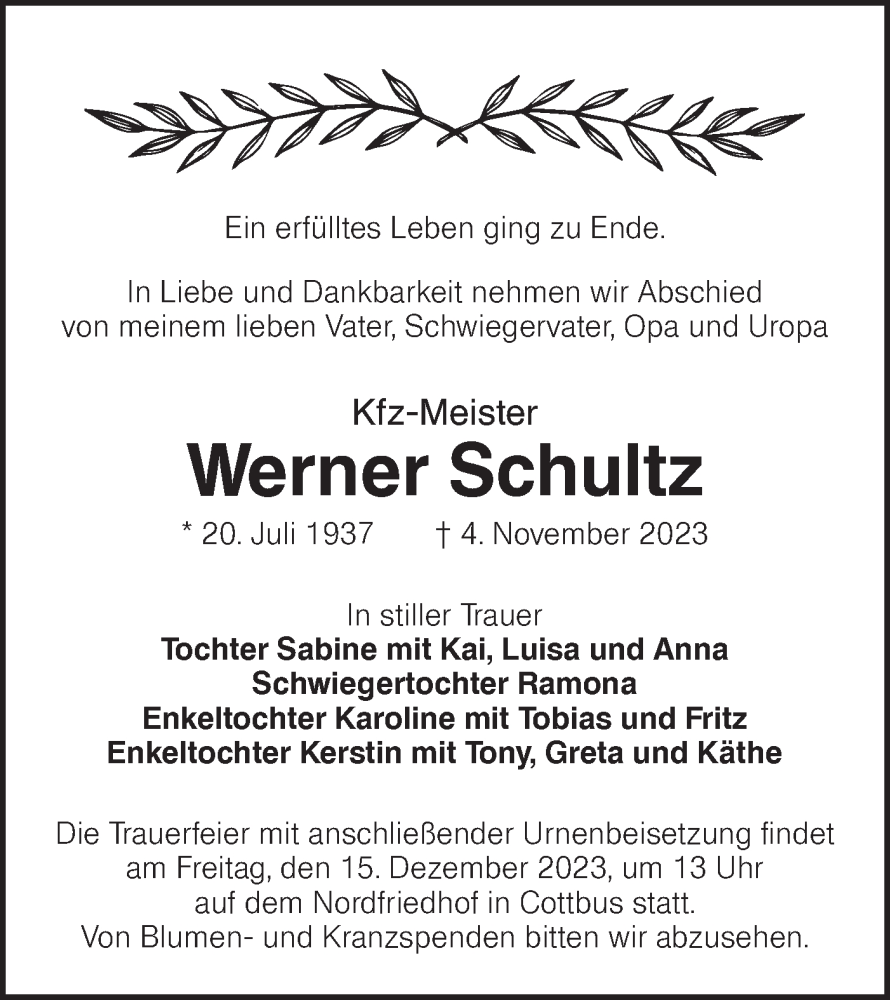  Traueranzeige für Werner Schultz vom 09.12.2023 aus Lausitzer Rundschau