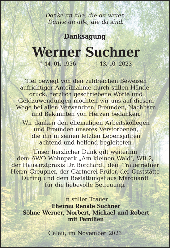Traueranzeige von Werner Suchner von Lausitzer Rundschau