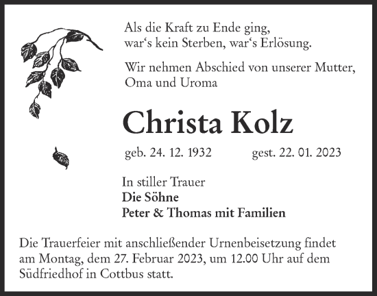 Traueranzeige von Christa Kolz von Lausitzer Rundschau