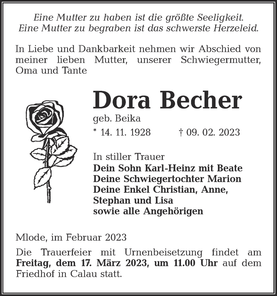  Traueranzeige für Dora Becher vom 18.02.2023 aus Lausitzer Rundschau
