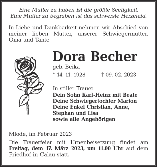 Traueranzeige von Dora Becher von Lausitzer Rundschau