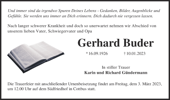 Traueranzeige von Gerhard Buder von Lausitzer Rundschau