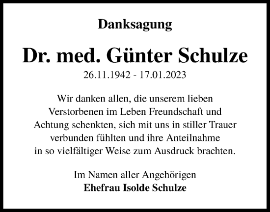 Traueranzeige von Günter Schulze von Lausitzer Rundschau