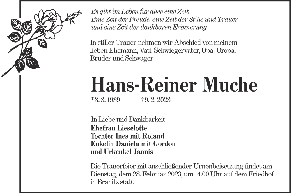  Traueranzeige für Hans-Reiner Muche vom 18.02.2023 aus Lausitzer Rundschau