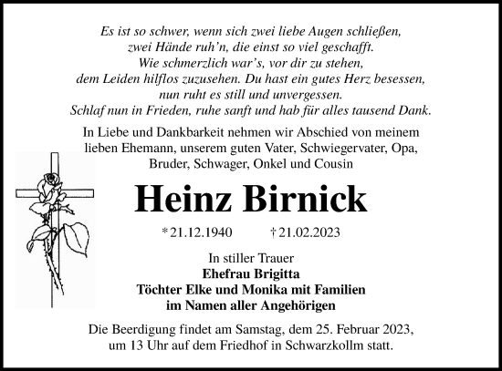 Traueranzeige von Heinz Birnick von Lausitzer Rundschau