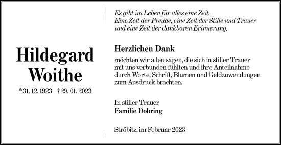 Traueranzeige von Hildegard Woithe von Lausitzer Rundschau