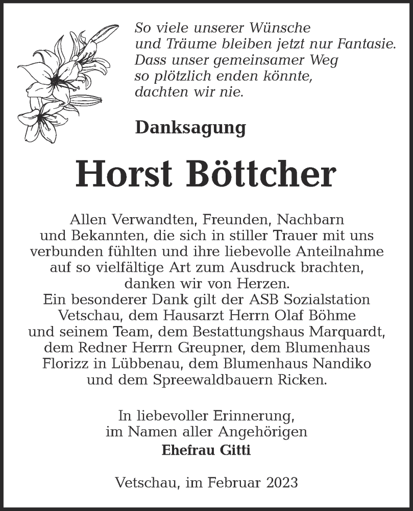  Traueranzeige für Horst Böttcher vom 18.02.2023 aus Lausitzer Rundschau