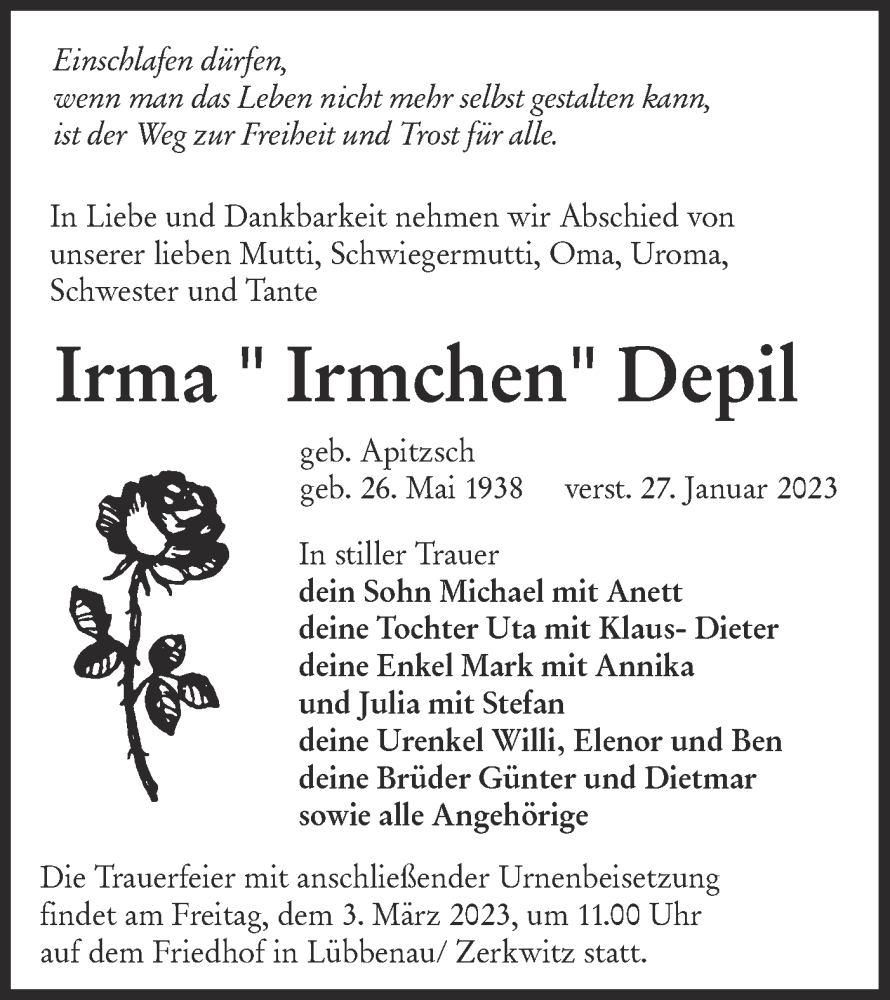  Traueranzeige für Irma Depil vom 18.02.2023 aus Lausitzer Rundschau