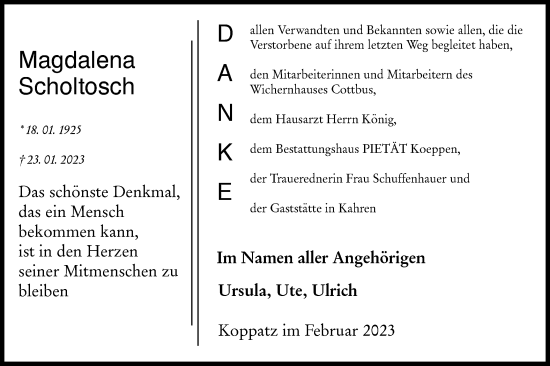 Traueranzeige von Magdalena Scholtosch von Lausitzer Rundschau