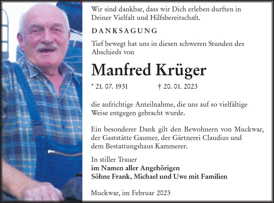 Traueranzeige von Manfred Krüger von Lausitzer Rundschau