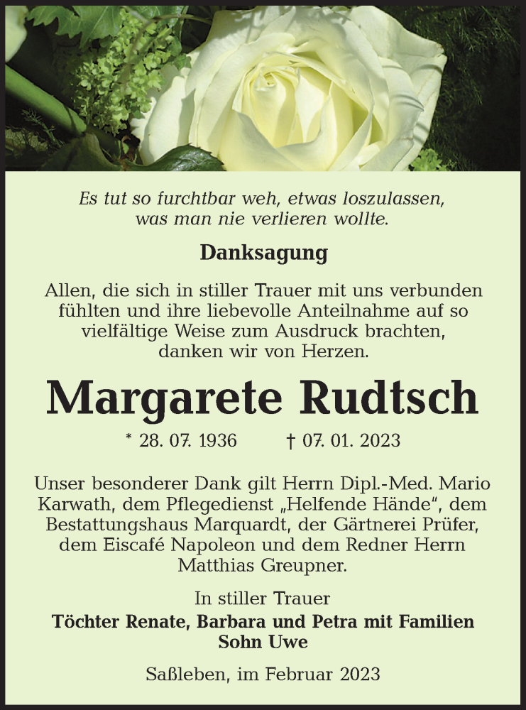  Traueranzeige für Margarete Rudtsch vom 18.02.2023 aus Lausitzer Rundschau