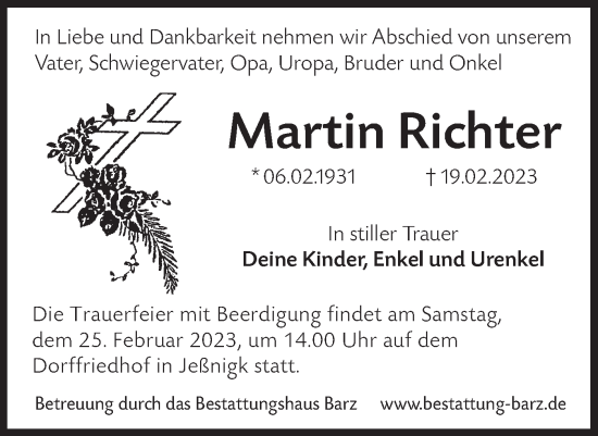 Traueranzeige von Martin Richter von Lausitzer Rundschau