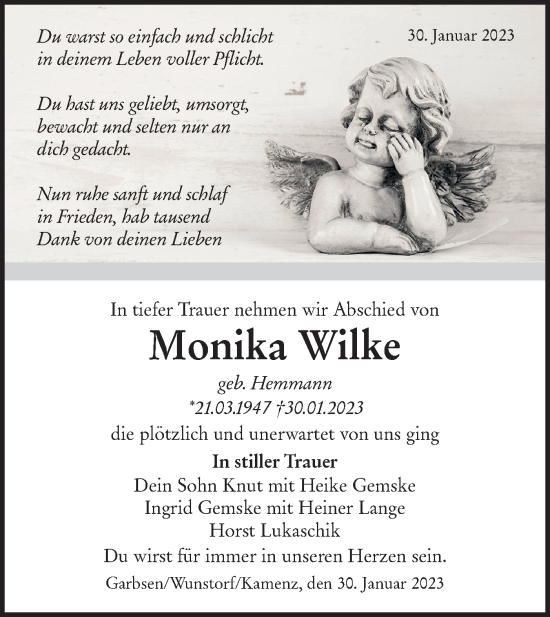 Traueranzeige von Monika Wilke von Lausitzer Rundschau