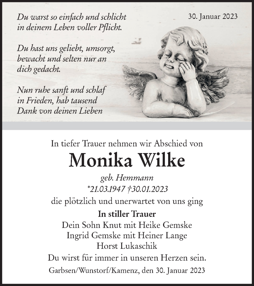  Traueranzeige für Monika Wilke vom 25.02.2023 aus Lausitzer Rundschau