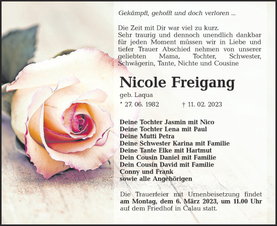 Traueranzeige von Nicole Freigang von Lausitzer Rundschau