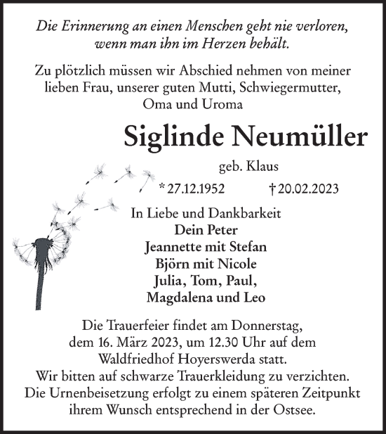 Traueranzeige von Siglinde Neumüller von Lausitzer Rundschau